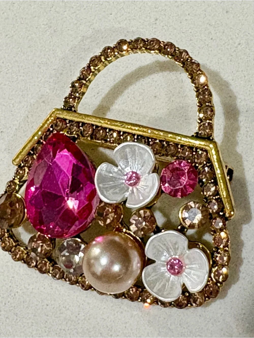 Gold-Tone Floral Pink Crystal Purse Brooch - Women Jewelry
